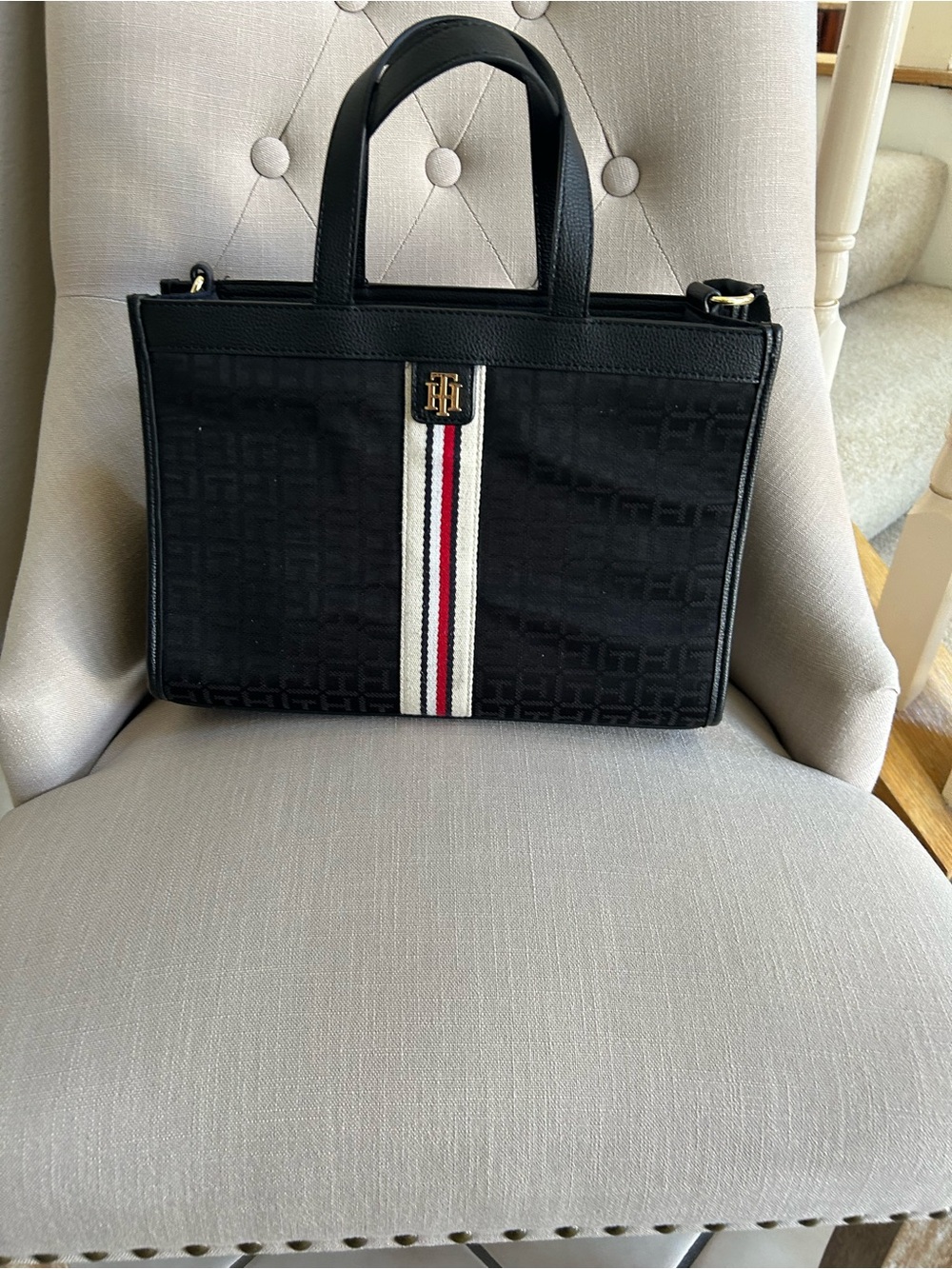 Tommy Hilfiger Black Tote with Red-White Center Stripe and TH Logo